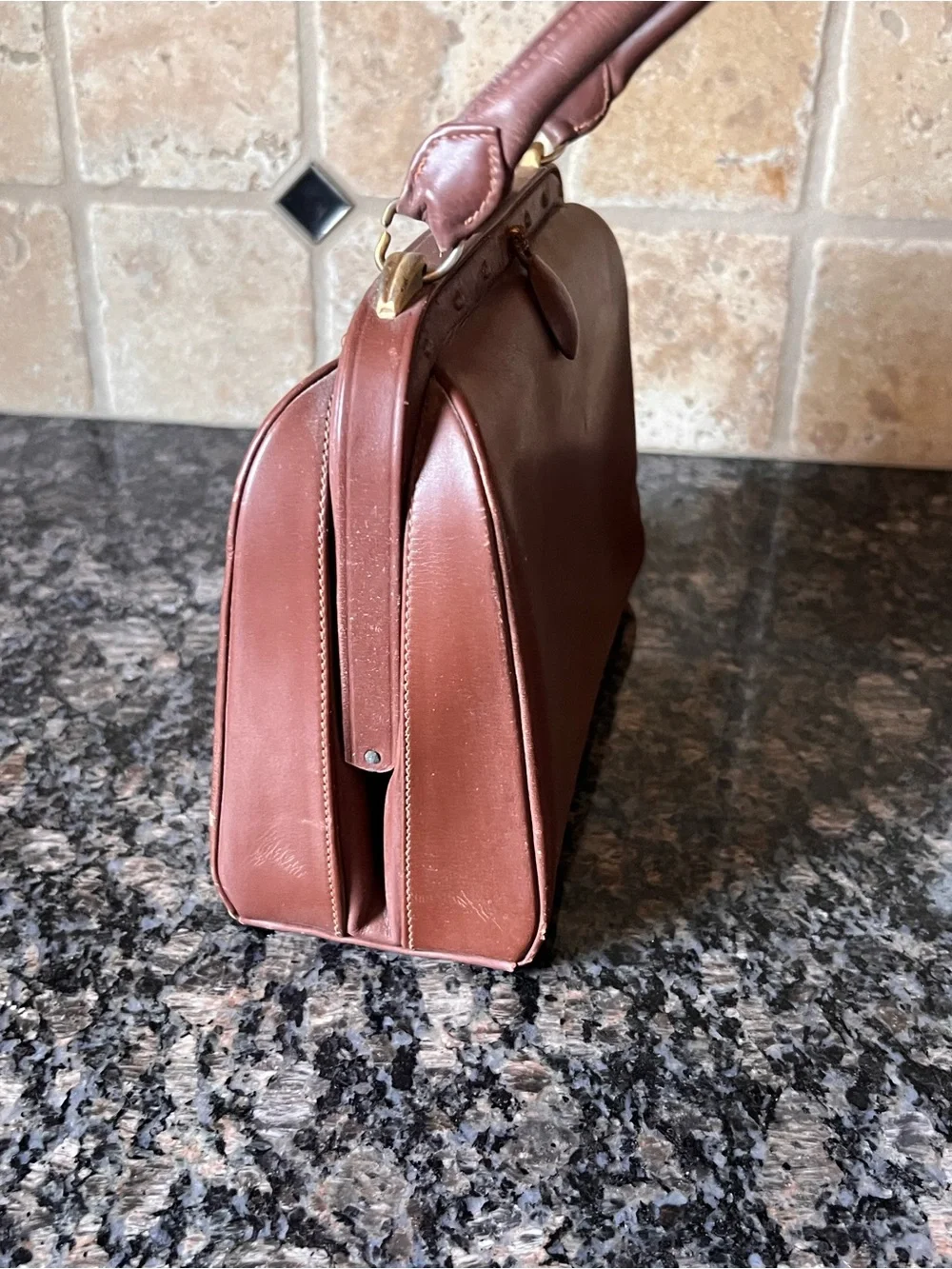 Vintage French Brown Leather| Made in France Top Handle Handbag | 1950s 1960s
